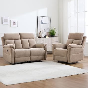 IOMOR Manual Recliner Sofa Set, Soft Fabric Single Recliner Chair and Loveseat Sofa for Adults with Overstuffed Arms and Back, Couch Recliners for Living Room Camel