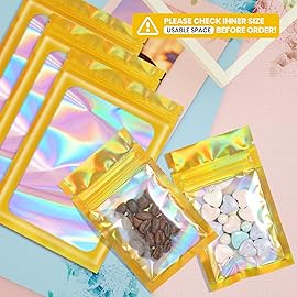 Funfery 100 pcs Gold Mylar Holographic Resealable Bags,Clear Packaging Bag Odor Proof Foil Pouch Bag for Food Storage, Lipgloss, Jewelry, Eyelash Packaging for Small Business - 2.4 x 3.9Inch