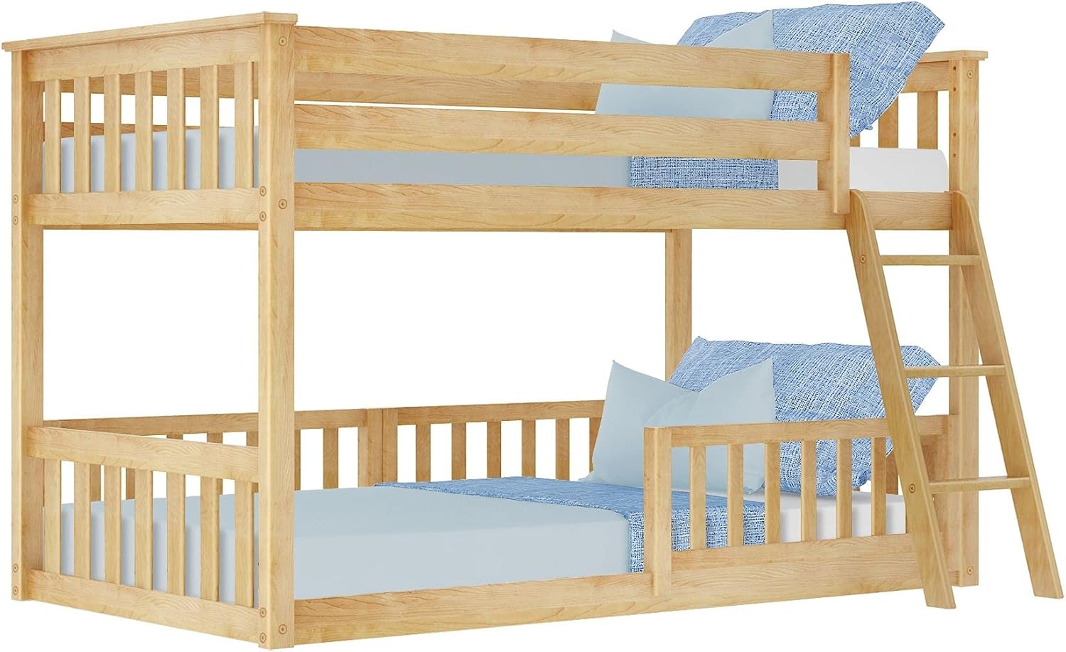 Max & Lily Low Bunk Bed, Twin-Over-Twin Bed Frame For Kids With 3 Guard Rails, Natural
