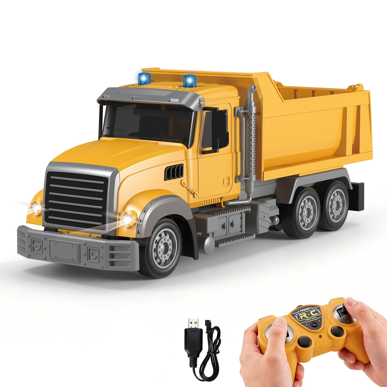 YESHIN Camion benne RC télécommandé 1:24, camion de chantier télécommandé à 6 canaux avec lumière, télécommande 2,4 GHz, benne basculante électrique, véhicule de chantier tout-terrain, jouet pour