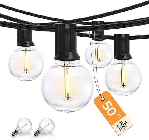 XMCOSY+ Tira de luces para exteriores de 50 pies regulables G40 con 25+2 bombillas LED inastillables, luces colgantes impermeables para exteriores,