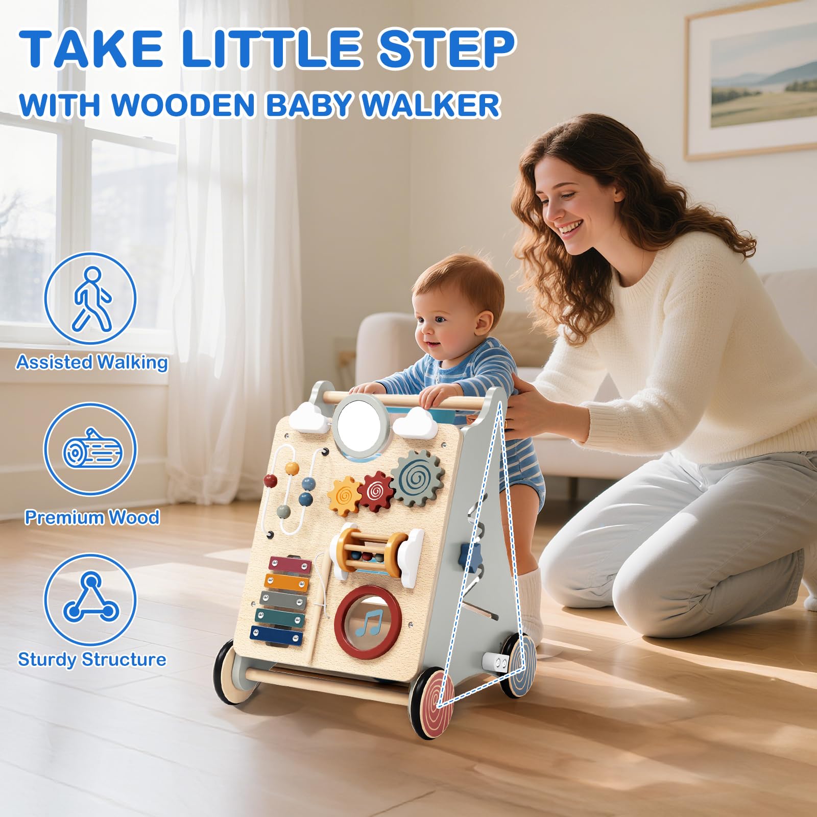 2IN1 Montessori Walker z drewna, zabawka Baby Walker z regulowaną prędkością