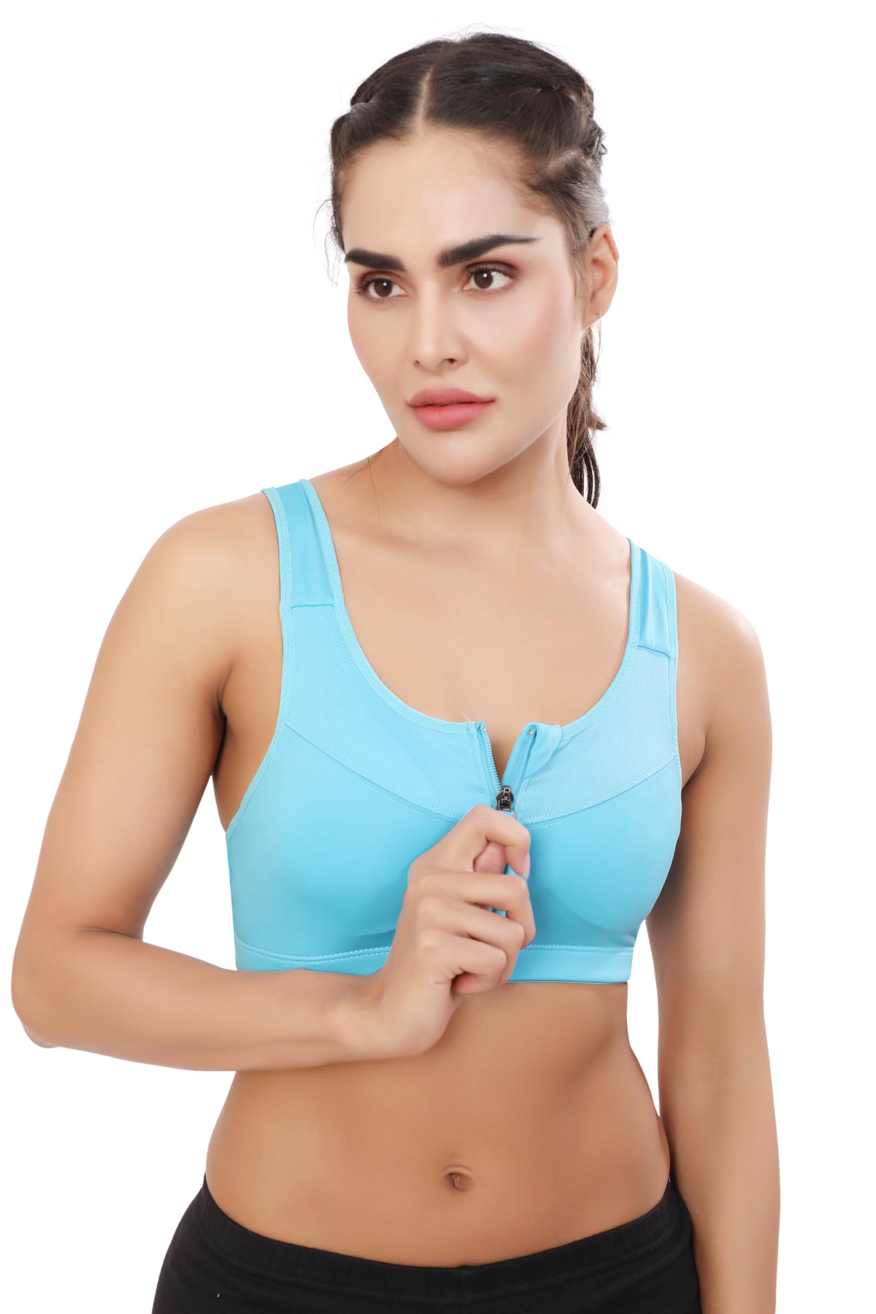Padded Front Zip High Support Racerback Sports Bra for Women with Adjustable Straps, Moisture-Wicking 4-Way Stretch Fabric, Sizes M to 5XL