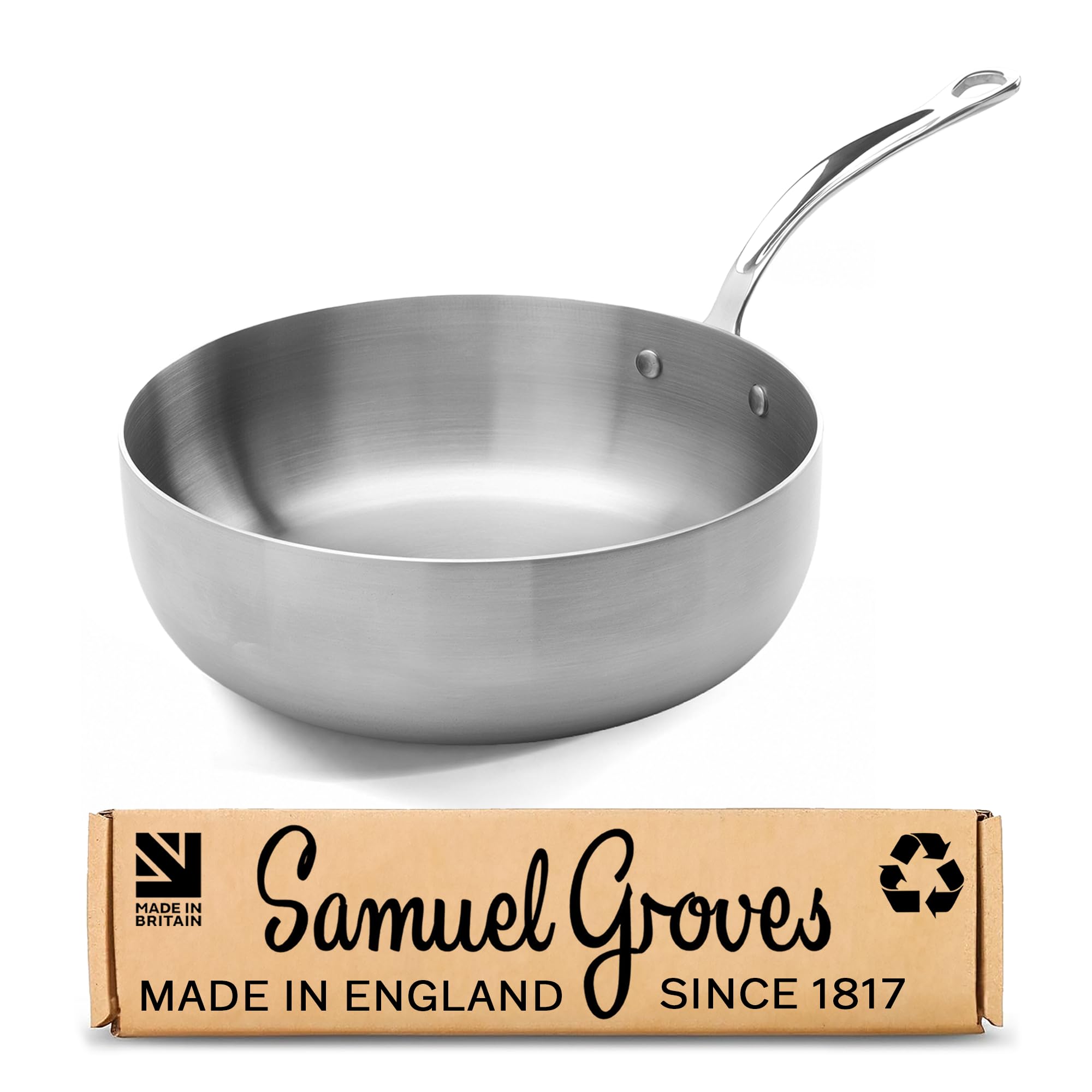 Samuel Groves 26cm Stainless Steel Tri-Ply Chef’s Pan - Long Handle - Fully Clad Professional Cookware, Induction & Oven Safe, Durable Stainless Steel - Made in England, Oldest UK Cookware Company