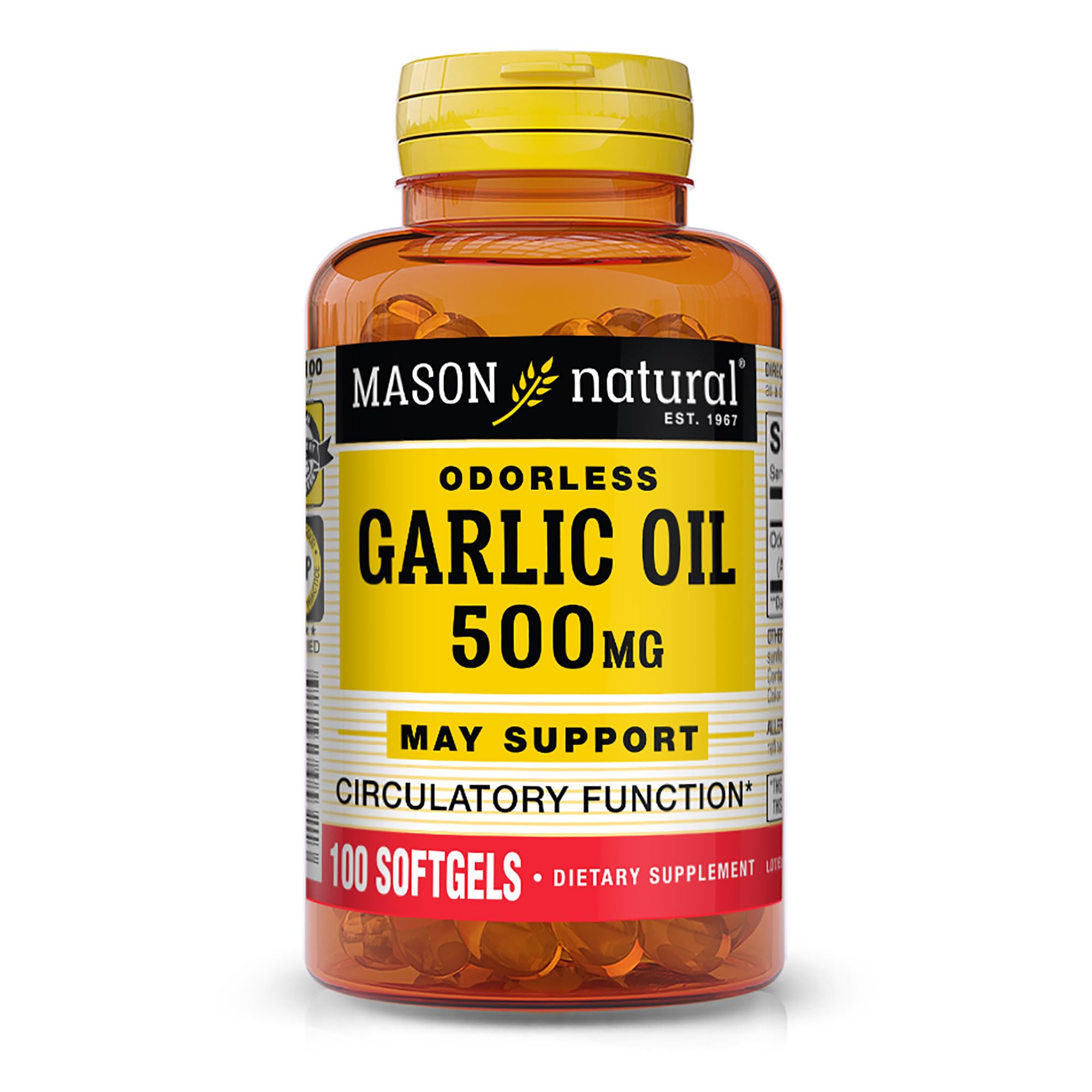 MASON NATURAL Garlic Oil 500 mg Odorless Allium Sativum Supplement - Supports Healthy Circulatory Function 100 Softgels