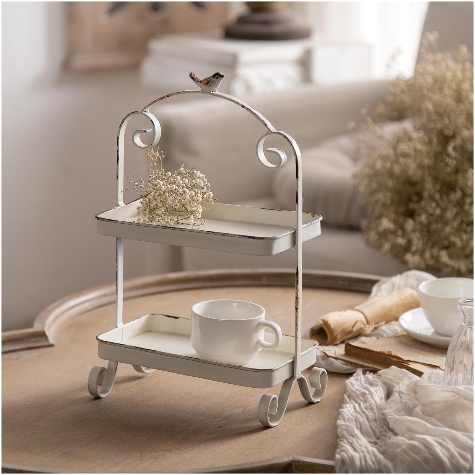 hencoense Decorative French Retro Distress Tray for Living Room and Hotel Tray Metal Iron White Trays for Home Decor 2-Tier Serving Tray Decor for Coffee Table