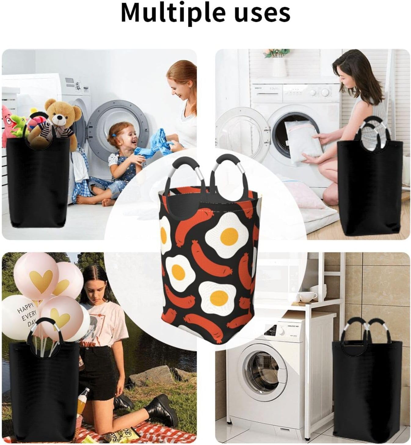 50l Laundry Basket Cute Fried Eggs Sausages Waterproof Laundry Hamper Foldable Clothes Laundry Bag With Handles