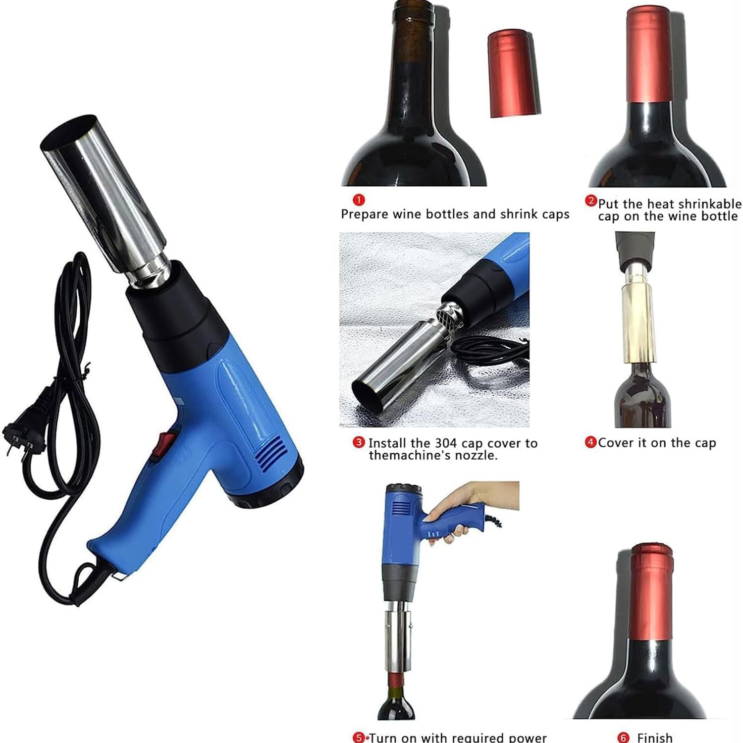 Hand-Kapsel-Schrumpfgerät, 1600 W PVC-Kapsel-Schrumpfgerät, 50–550 ℃ Stufenlose Thermoregulierung, Weinflaschen-Verpackungsmaschine, Schrumpfpistole Für Weinflaschenverschlüsse