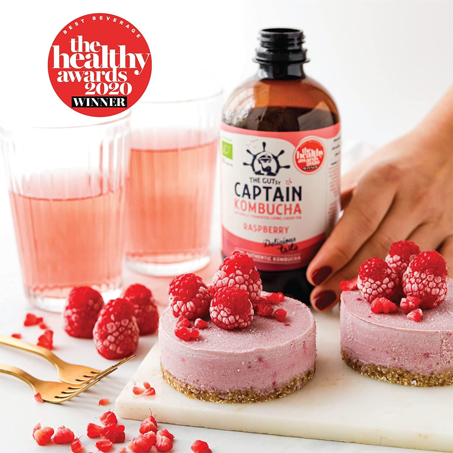 Gutsy Captain Kombucha - California Raspberry – Bebida Probiótica Naturalmente Fermentada, Sin Aditivos ni Conservantes, Sin Pasteurizar, Vegan - 12 x 400ml Raspberry