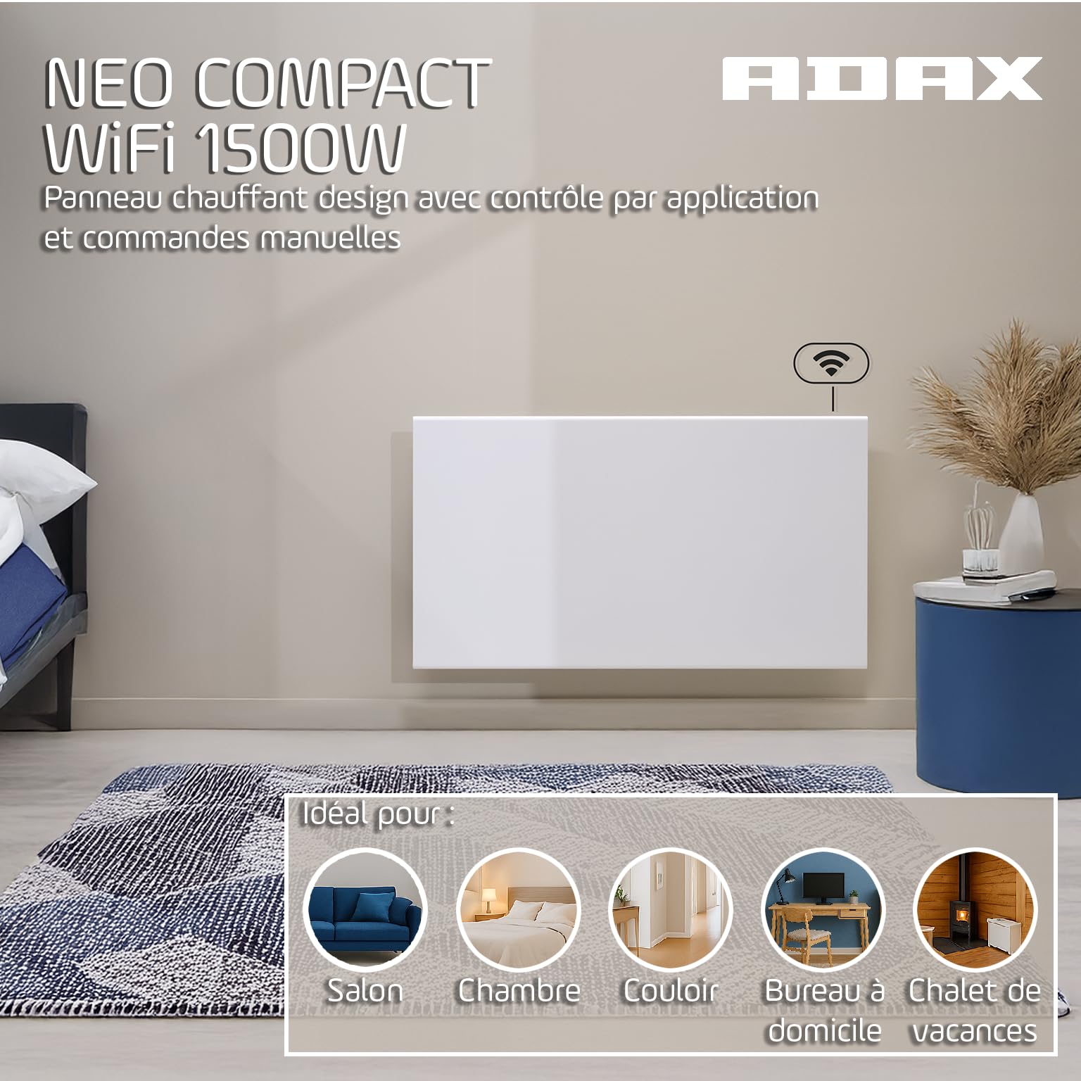 Adax Neo Compact - Radiateur Electrique Mural Intelligent Wi-Fi avec Commande par Smartphone - 1500W | Chauffage Electrique | Chauffage d'appoint Salle de Bain | Convecteur 420mm | IP24C | Blanc