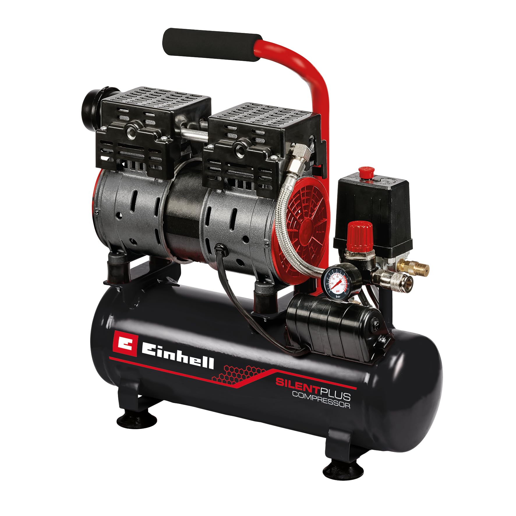 Einhell TE-​AC 6 Compressore silenziato (220-​240 V, 550 W, serbatoio aria 6 l, max 8 bar, portata aria max 75 l/​min., cilindri 2, autolubrificato -​no olio, carrellato, inc. 1 manometro, solo 57 dB(A))