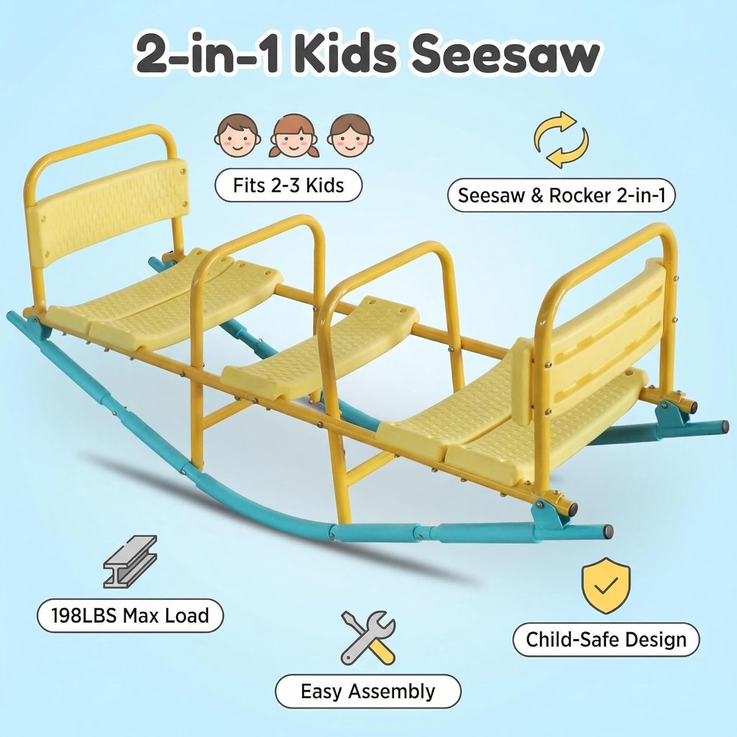 Kids Teeter Totter Rocking Seesaw, 3 Seater Teeter Totter for Kids Ages 3-5, Ride-On Playground Outdoor Beach Toy for Three Children Playground Equipment
