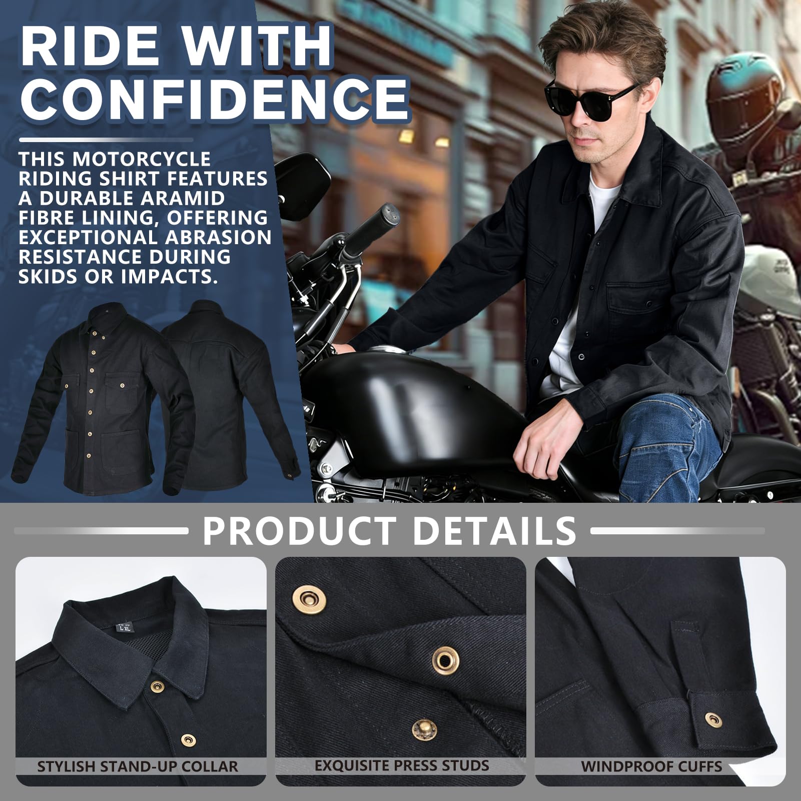 Camicia Moto Uomo, Maglia Moto Uomo Bici Rinforzata, Giubbotto Moto Uomo Estivo Armatura Removibile, Camicia Moto con Protezioni