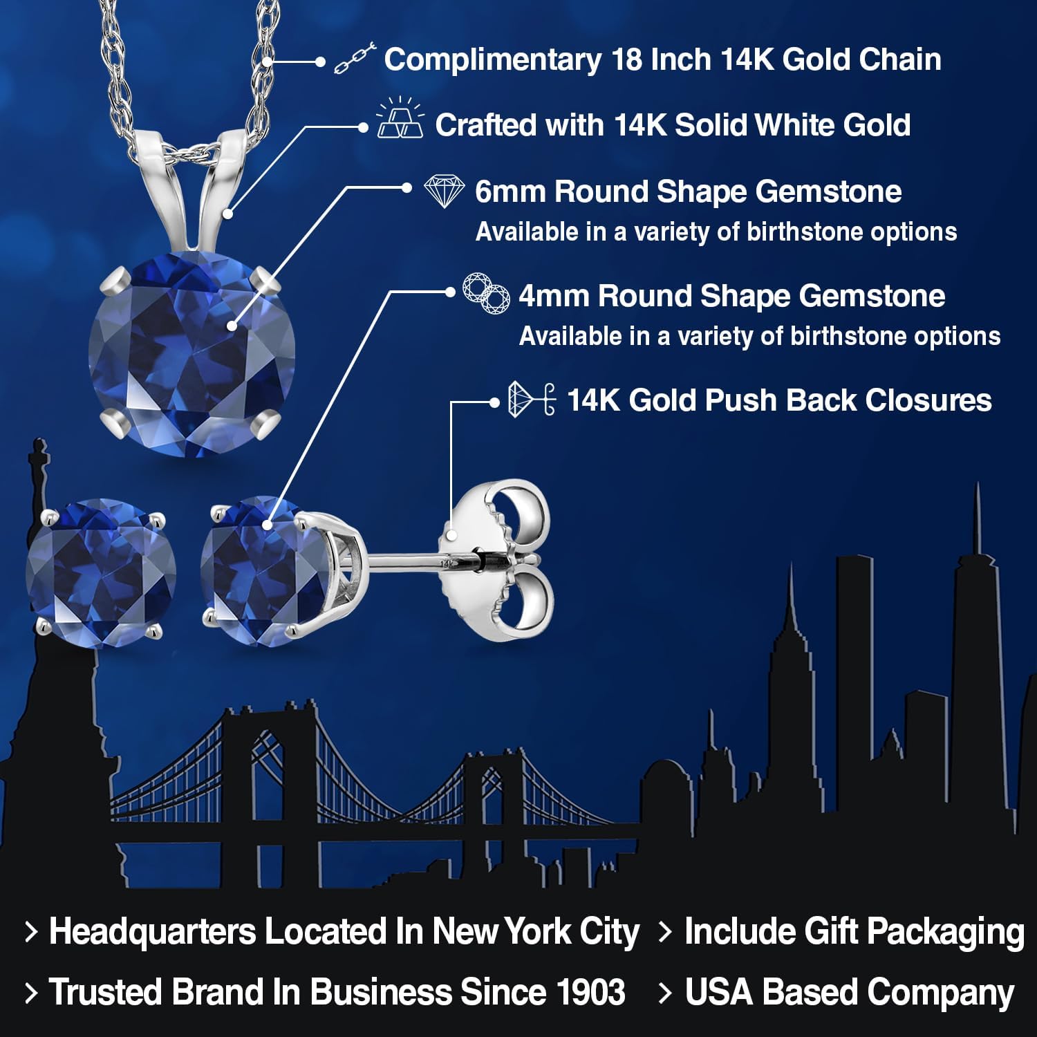 Gem Stone King 14K White Gold Blue Created Sapphire Pendant Earrings Jewelry Set For Women | 1.50 Cttw | Gemstone September Birthstone | Round 6MM | with 18 Inch Chain - Image 2