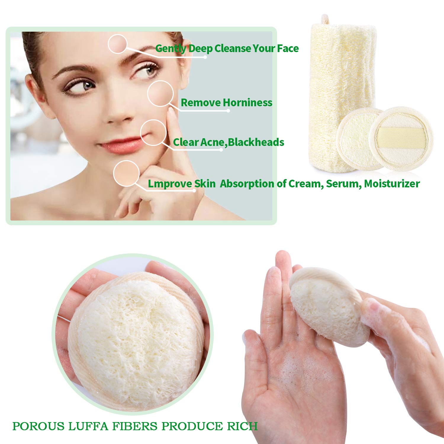 Luffa-Schwämme, Set mit 5 Packungen, Peeling, Luffa, Gesichtsreinigung, 1 Packung große Peeling-Dusche/Bad/Luffa, Körperschrubber für Männer und Frauen (100% natürlich)