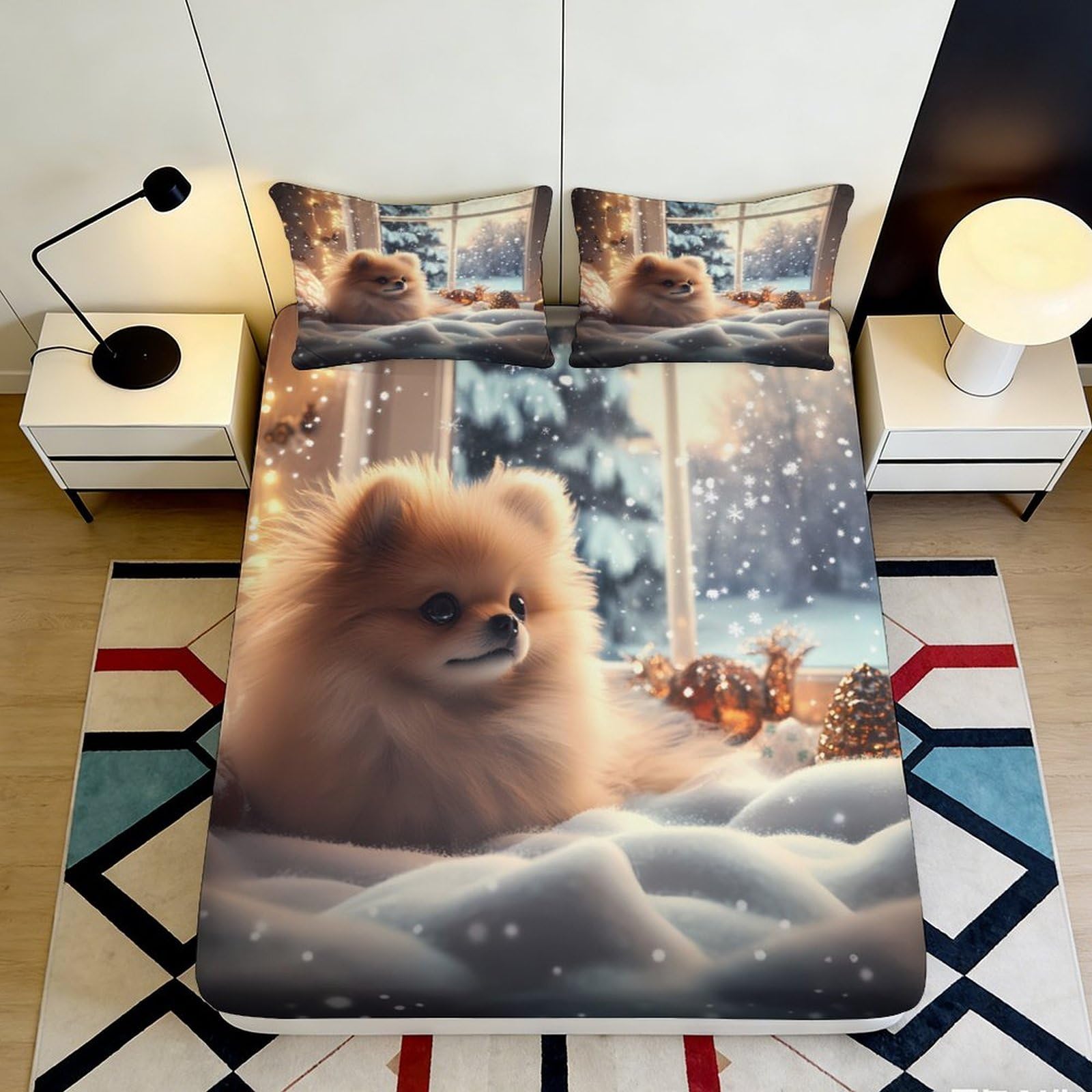 3D Printed Fluffy Pomeranian Dog Fitted Sheet Microfiber Soft Snowy Window Mattress Cover for Bedroom Dorm Decor 90x200x25cm