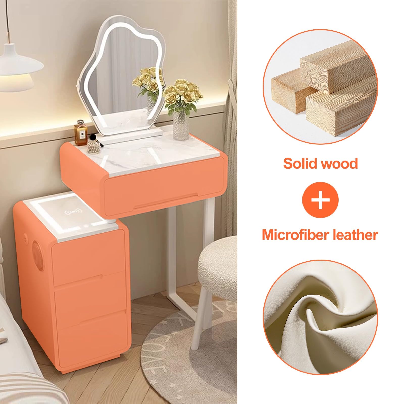 Smart Makeup Vanity Set con specchio illuminato a LED, tavolo allungabile e sgabello imbottito in legno massello, 50 cm, perfetto per gli amanti della bellezza
