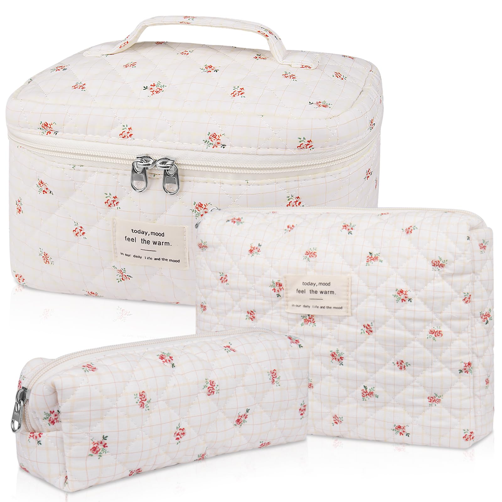 Gosect Makeup Bag Set, Quilted Makeup Bag, Large Floral Cosmetic Bag for Women, Cute Cotton Makeup Bags, Flower Travel Toiletry Organizer Bag(Plaid