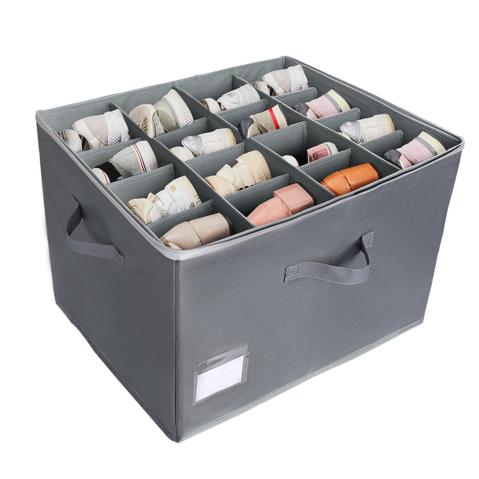 Foldable Shoe Storage Box for 16-Pair Shoes– Clear Lid Stackable Organiser with Reinforced Handles | Space-Saving Shoe Containers for Closet Wardrobe (Gery, 1-PACK)