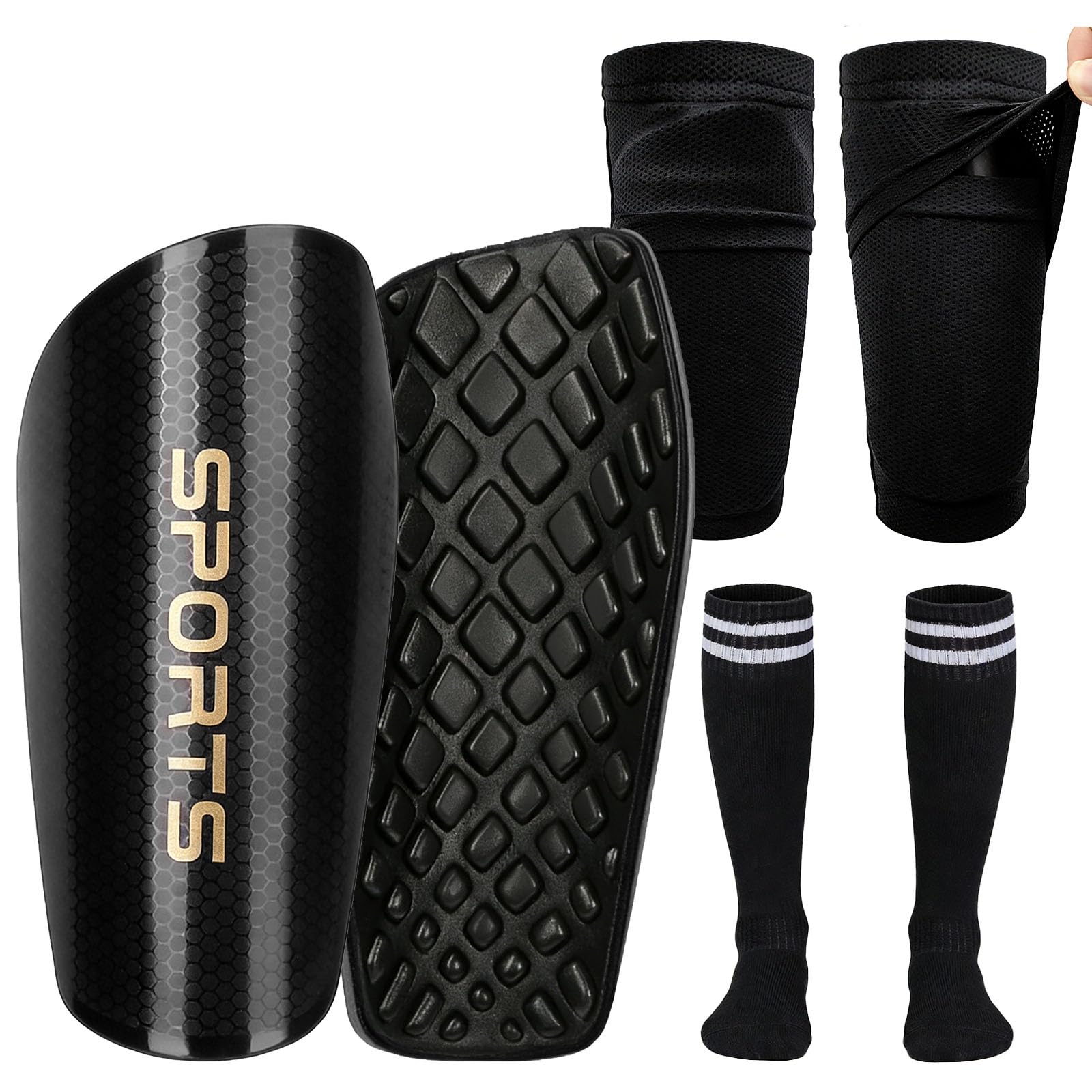 Espinilleras de fútbol para niños y jóvenes, espinilleras con mangas y calcetines largos de fútbol para niños y niñas de 2 a 12 años, equipo de fútbol ligero protector