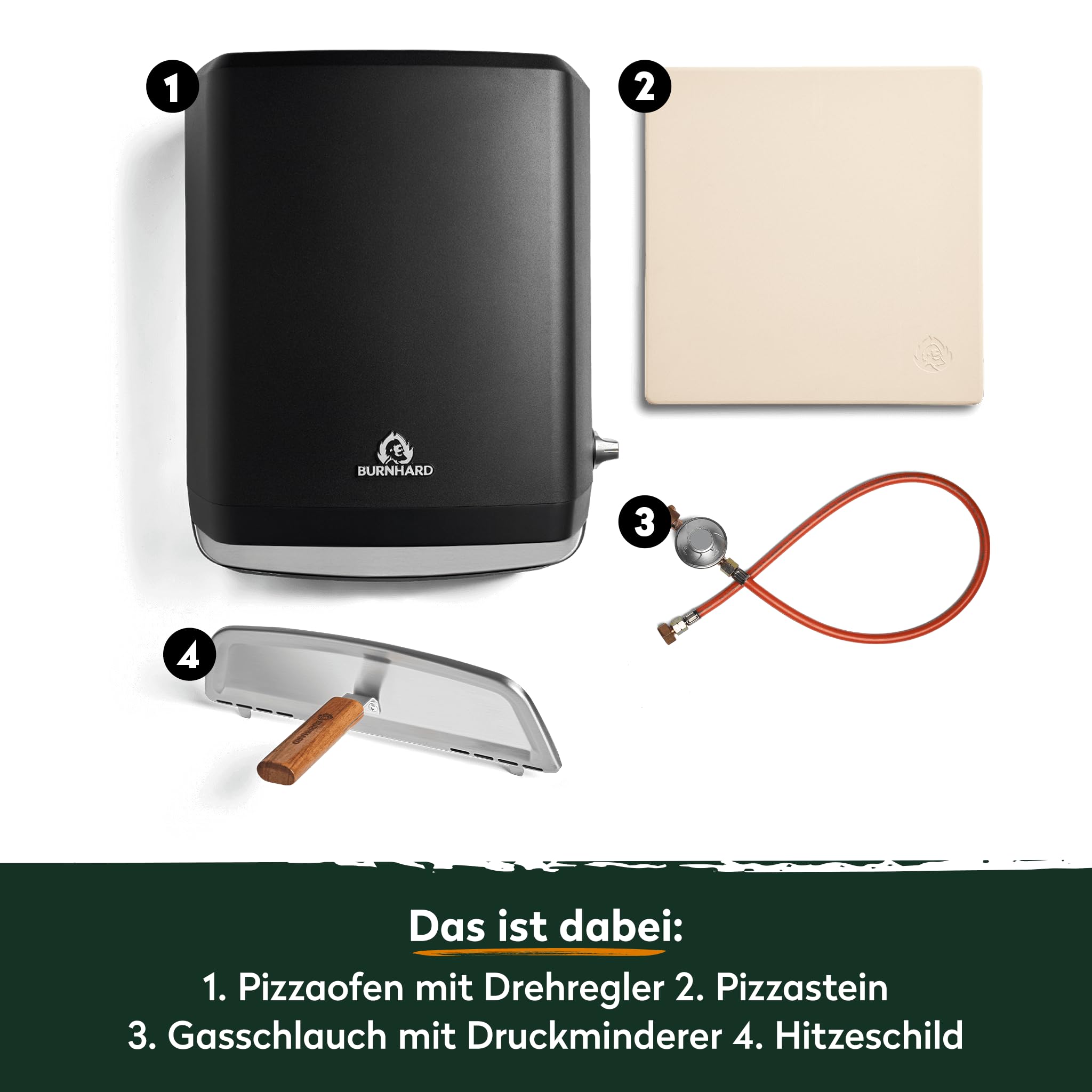 BURNHARD® Gas Pizzaofen - Tony inkl. Hitzeschild, 450 °C, Tragbarer 5,9 kW Outdoor Ofen für Pizza (58,5 x 47,7 x 24,8 cm) inkl. Cordierit-Pizzastein
