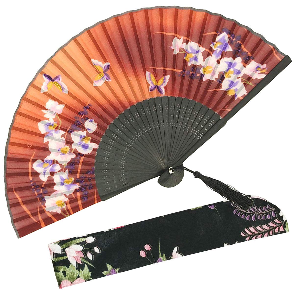 OMyTea "Orchis Chinese/Japanese Women Hand Held Silk Folding Fans with Bamboo Frame - With a Fabric Sleeve for Protection (WZS-23)