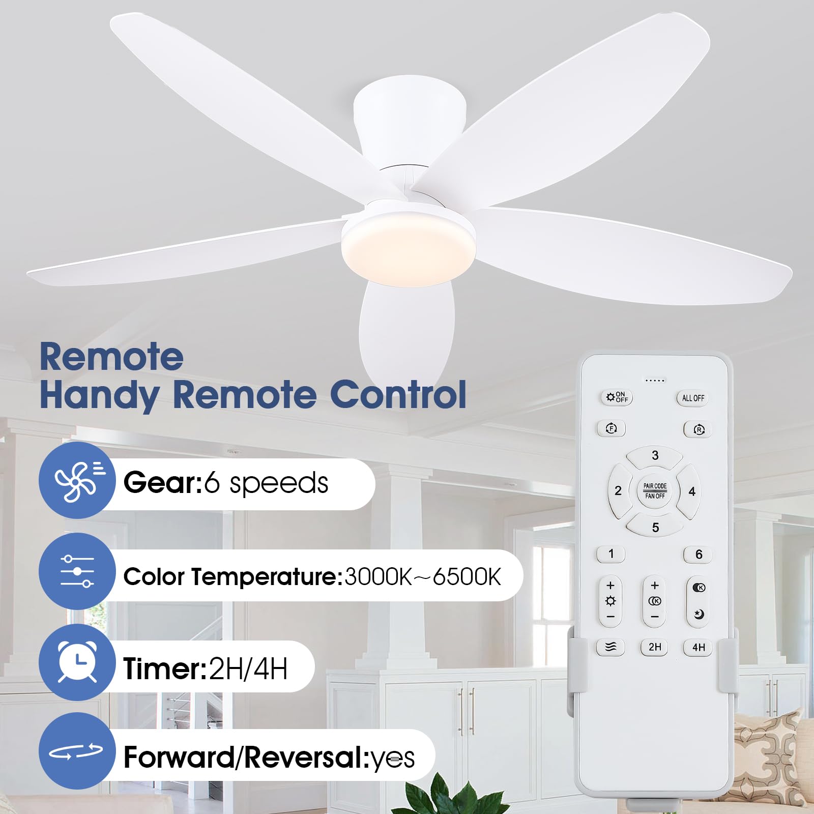 Ventilatori a soffitto con luci-106CM Ventilatore a soffitto a basso profilo con luce e controllo remoto/APP,DC reversibile, LED dimmabili Ventilatori a soffitto moderni per camera da letto(Bianco)