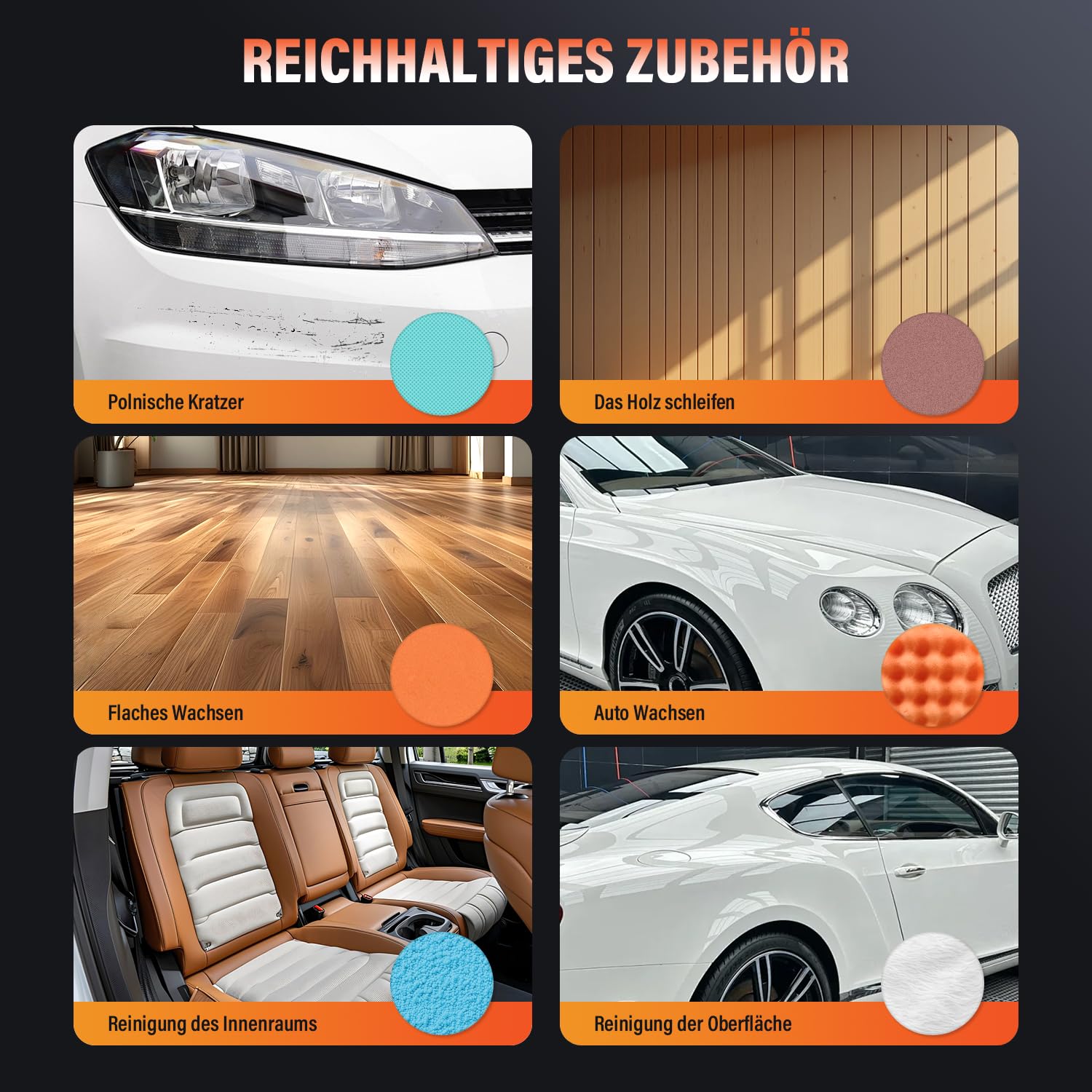 Lucidatrice Auto a Batteria, 8 Velocità Variabili, 2800–6000 giri/min, Lucidatrice Rotorbitale con 2 Batterie da 21 V 2.0 Ah e 21 Pezzi Kit Lucidatura Auto per la Cura dei Dettagli dell'auto