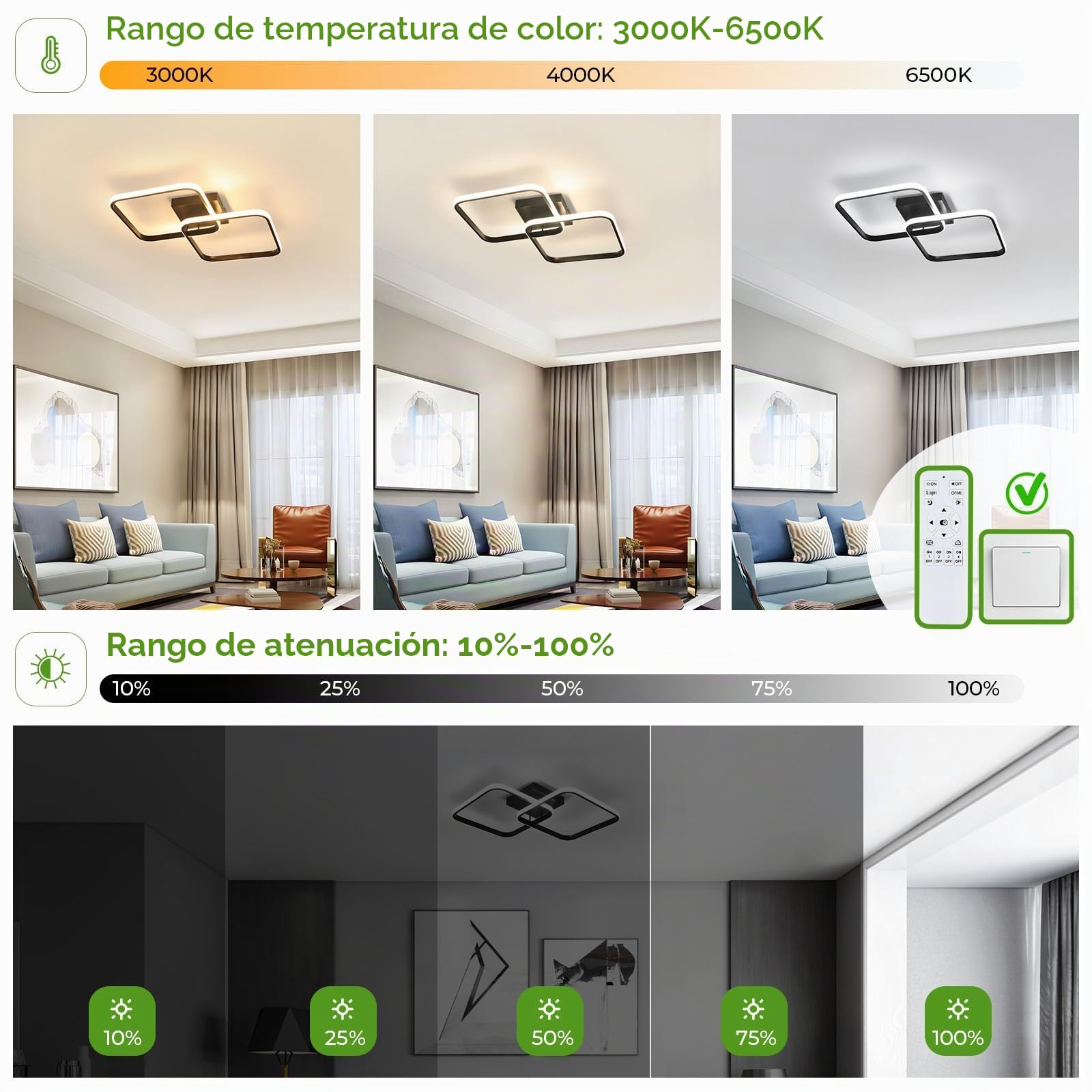 Osairous Lámpara de Techo Regulable, 50W Plafon LED Techo Salon Moderno 5625LM, Luz de Techo Cuadrado con Mando 3000K-6500K para Dormitorio Cocina Comedor Pasillo, 64CM