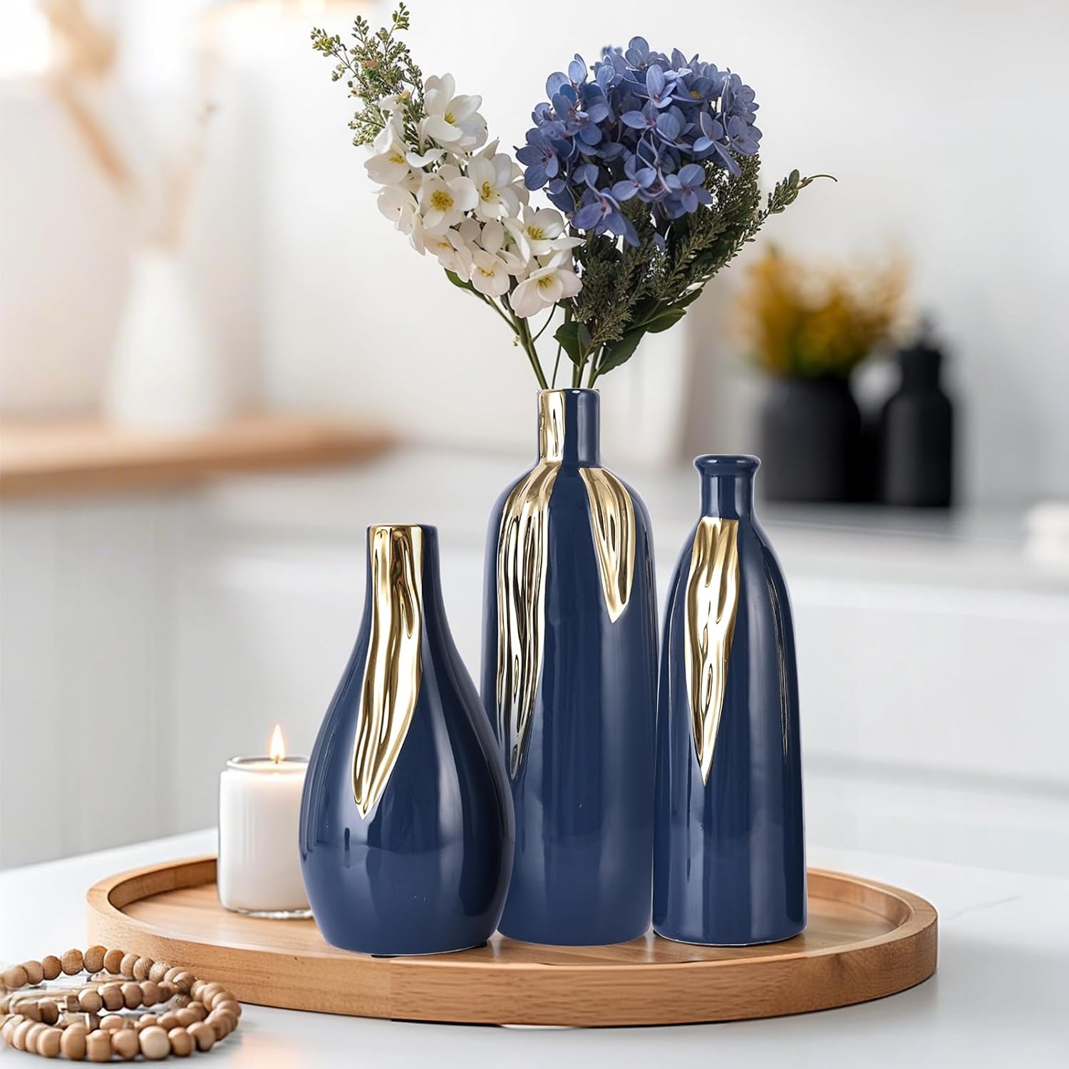 Condition photo showing New/Like New for ceramic vase set of 3, blue and gold vases for home decor farmhouse vases, mantels, shelves and entryways, table centerpieces, living rooms, fireplaces and kitchen decor. blg-l