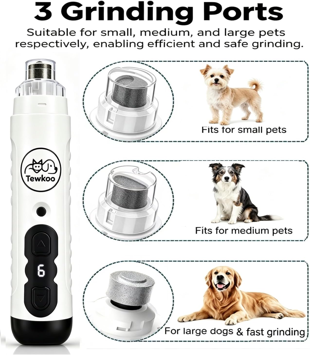 6-Speed Forward & Reverse Quiet Pet Nail Grinder for Dogs & Cats | Low Noise Painless Trimming, 2 LED Lights, 2 Grinding Bits, Safety Guard, 2000mAh Battery, Fits Small, Medium & Large Pets