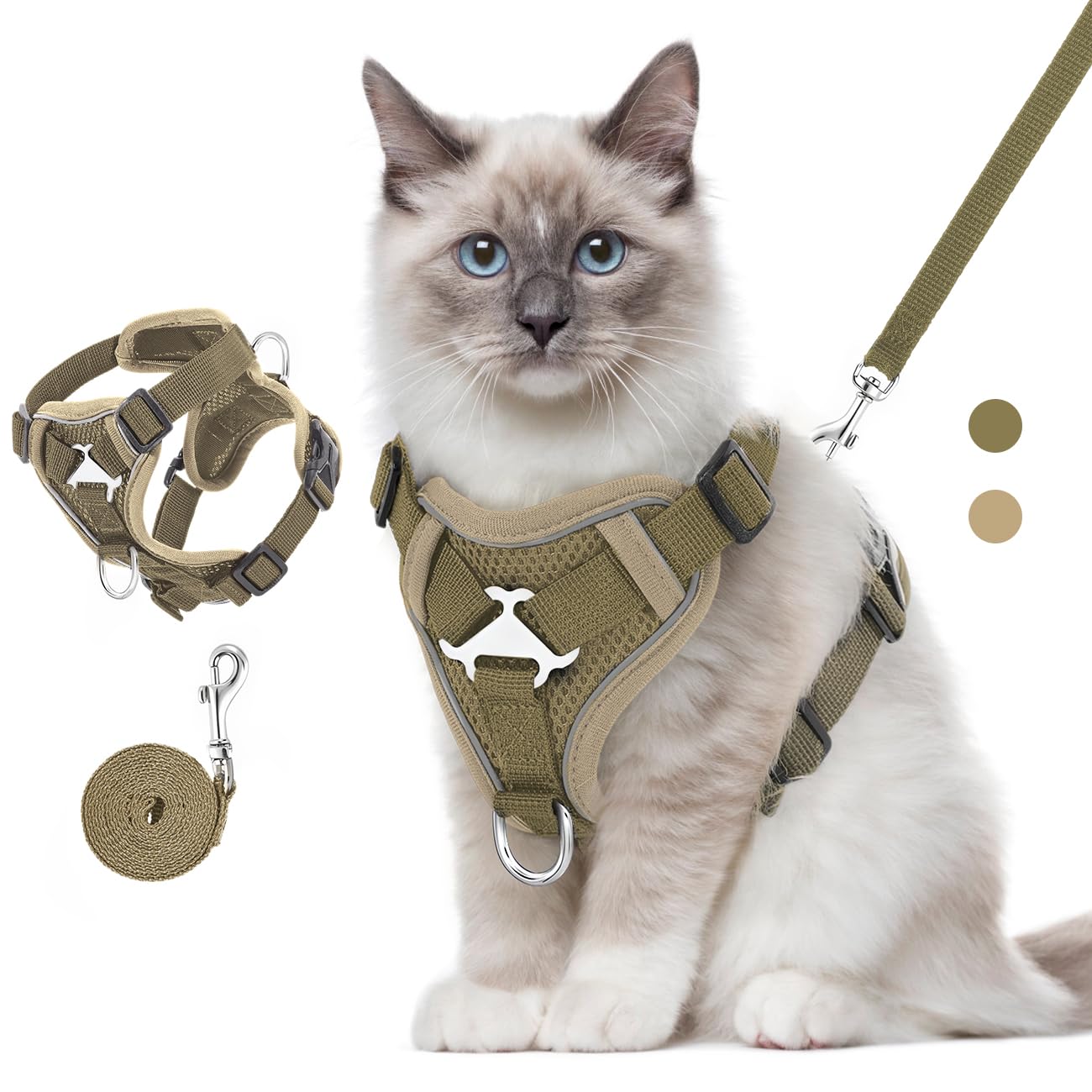 VavoPaw Pettorina per Cani con Guinzaglio da 1,5M, Imbracatura per Gatti Antifuga con Rete Traspirante e Strisce Riflettenti, Gilet Morbido e Regolabile per Cani Gatti, M, Cachi