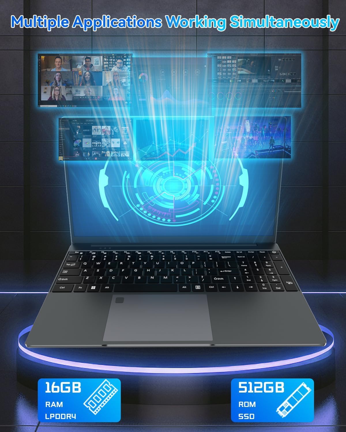 PINSTONE 15,6" Ordinateur Portable 16Go RAM 512Go SSD, PC Portable Celeron N5095 CPU, Ouverture à 180° du Portable, Laptop Computer avec écran FHD 1080P, WiFi5, Bluetooth4.2, USB3.0, Webcam, Touch ID