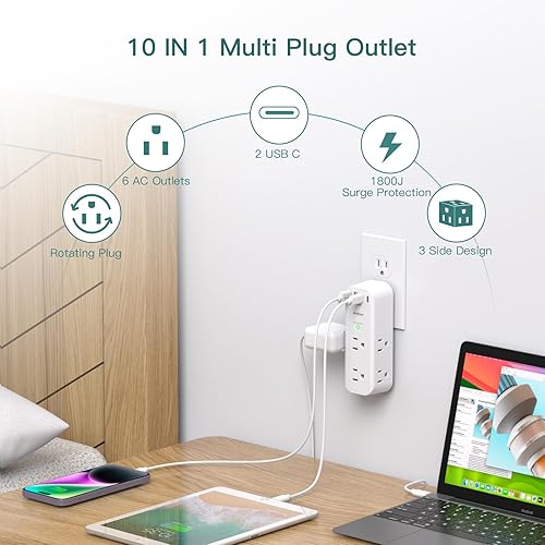 Miniatura 2 de Extensor de salida de pared con protector de sobretensiones, enchufe múltiple con enchufe giratorio, 6 salidas de CA, 4 puertos USB (2 USB C),