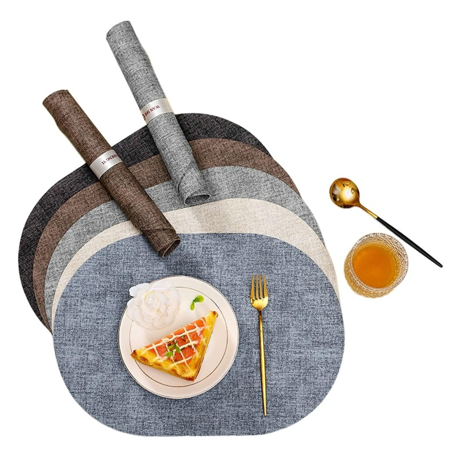 Napperon Table Salle à Manger Lavable 6 Pièces, 44 x 30 CM Napperon Table Salle a Manger Antidérapant Cuir Bleu, Couleur Unie avec Ovale