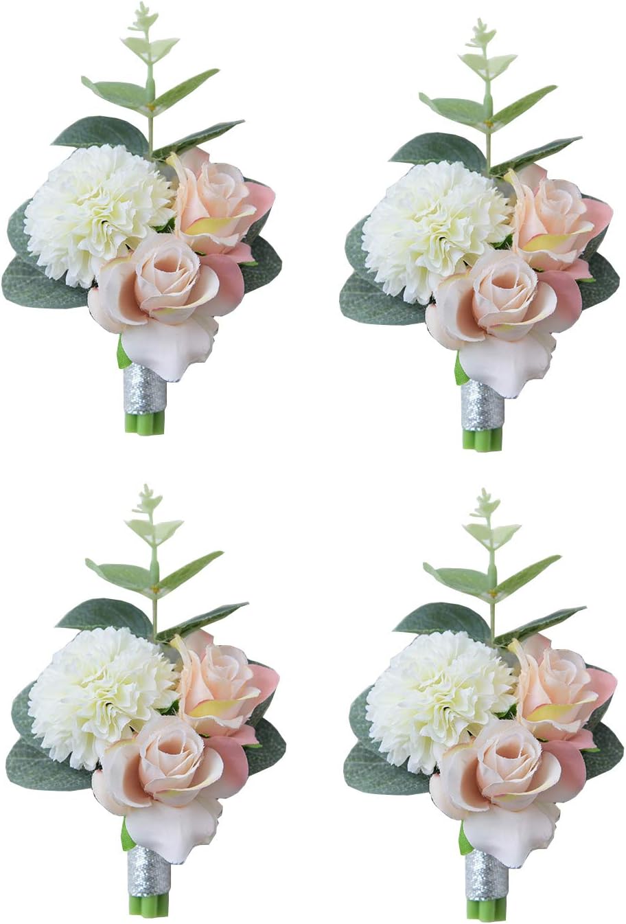 KiKom Wedding Boutonniere White Boutonniere Handmade Corsage Buttonhole Flowers with Pin and Clip Artificial Wedding Flower for Men Groom Bride Banquet Party Decor (Pack of 4)