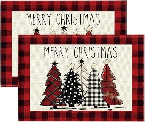 Artoid Mode Waterclor Buffalo - Juego de 2 manteles individuales con diseño de árboles de Navidad, 12 x 18 pulgadas, manteles individuales de