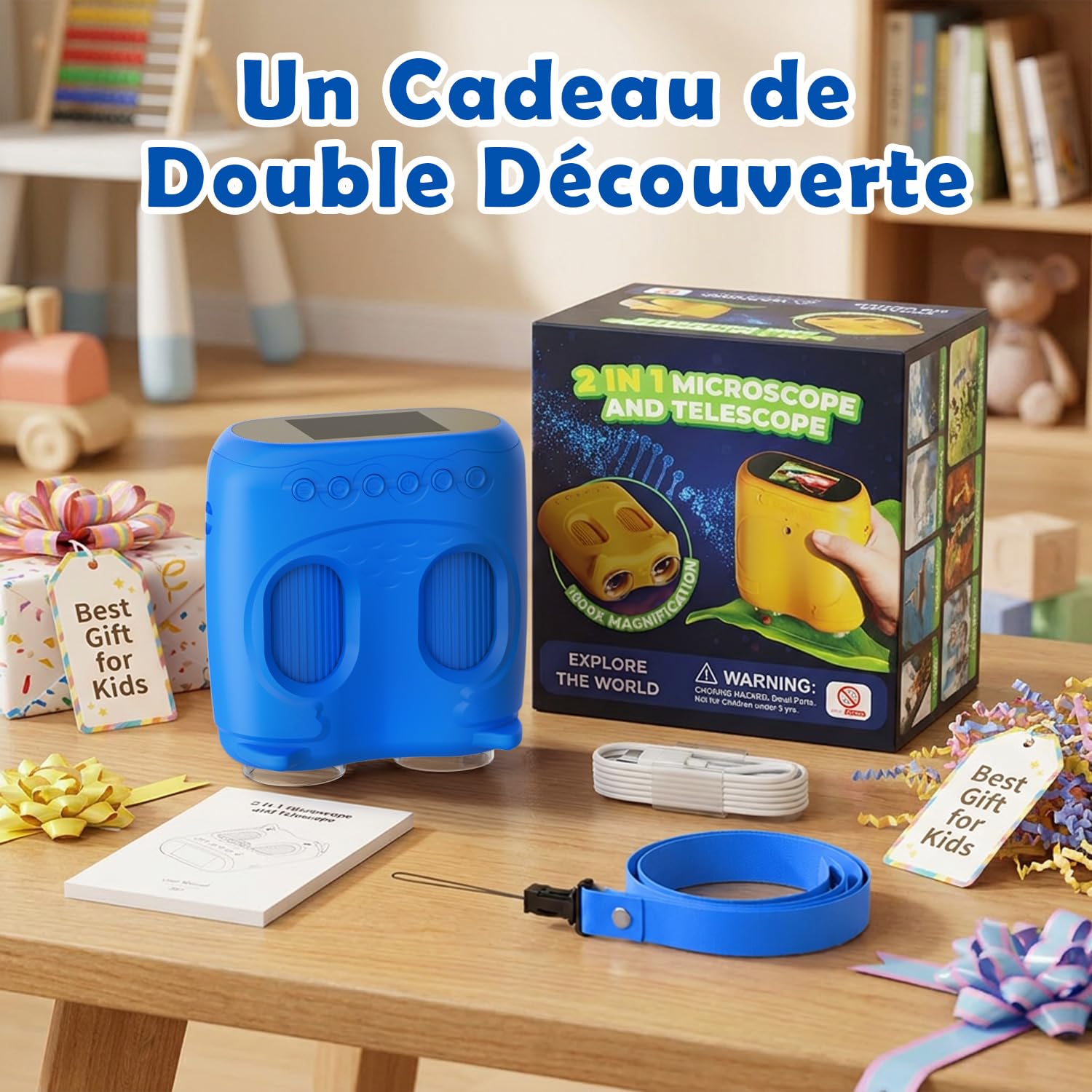 Microscope numérique 2 en 1 pour Enfants et Jumelles pour Enfants, Microscope de Poche IPS HD 2,0", télescope grossissant 10x avec 8 LED 1080P, Jouet d'extérieur Naturel pour Filles et garçons, Bleu