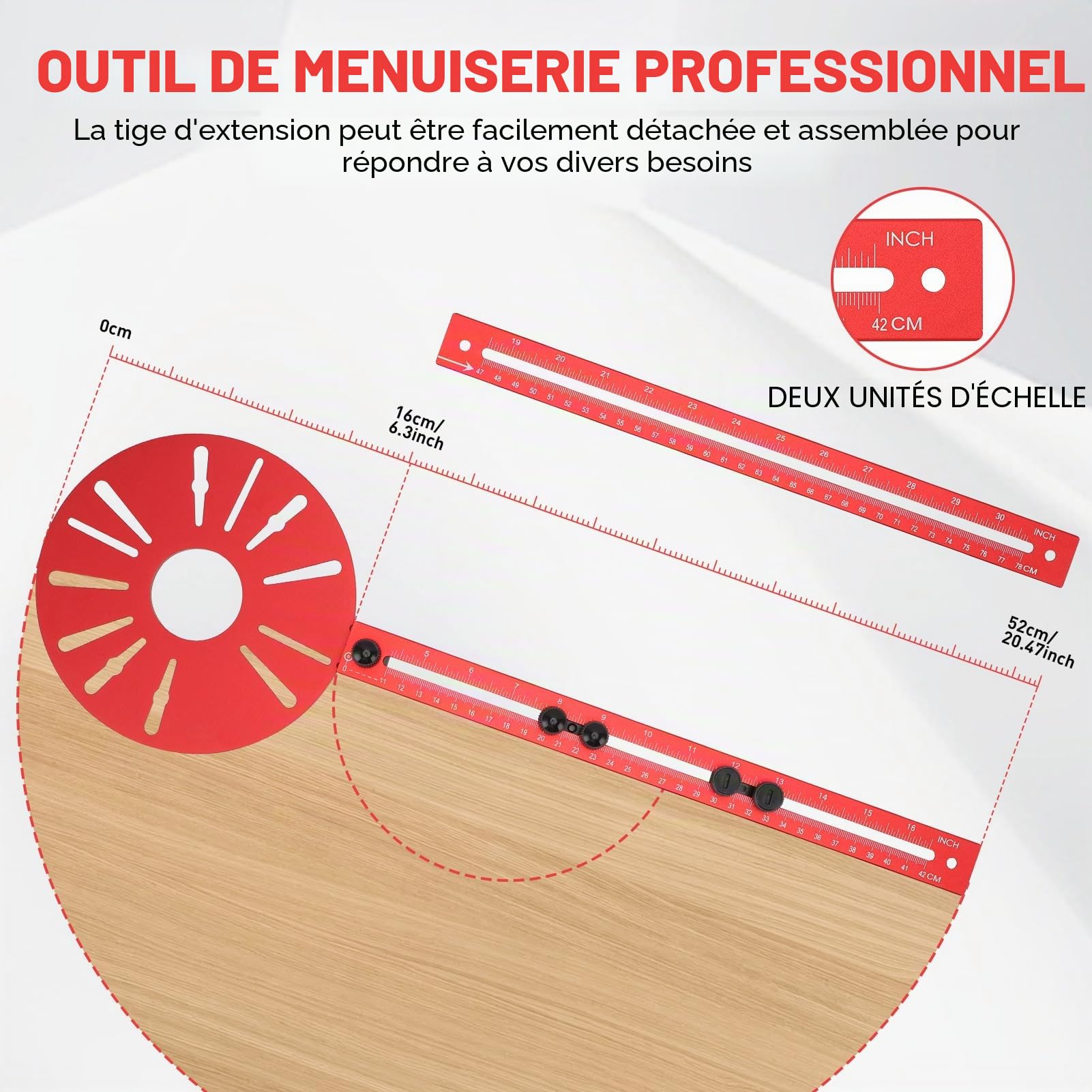 Fraise circulaire avec rail - Échelle précise - Diamètre de 50 à 152 cm - Montage polyvalent - Compatible défonceuses - Tige