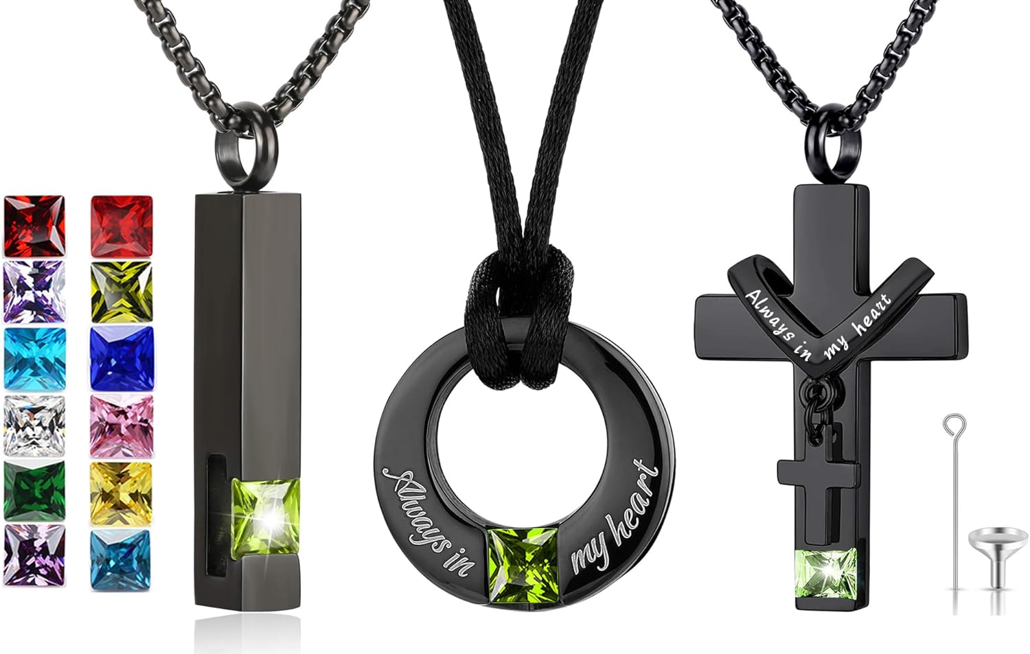 YOUFENG 3 Pieces Cremation Urn Necklaces for Ashes Keepsake Cremation Jewelry Cross Round Bar Birthstone Crystal Stainless Steel Memorial Pendant for Women Men