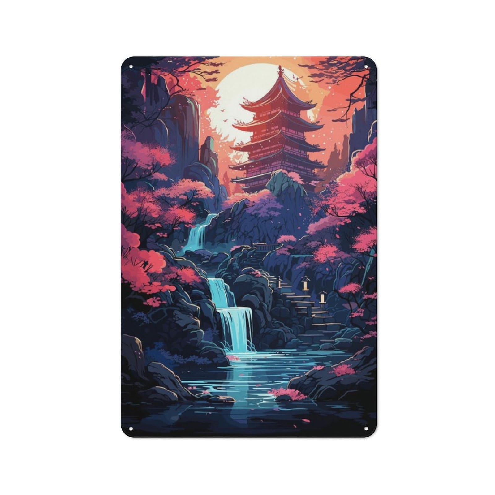 Junmoney Japanese Temple Waterfall Tin Wall Plaque 30X20cm With For Hobby Room Or Studio, For Updating Hobby Room And Studio After Moving