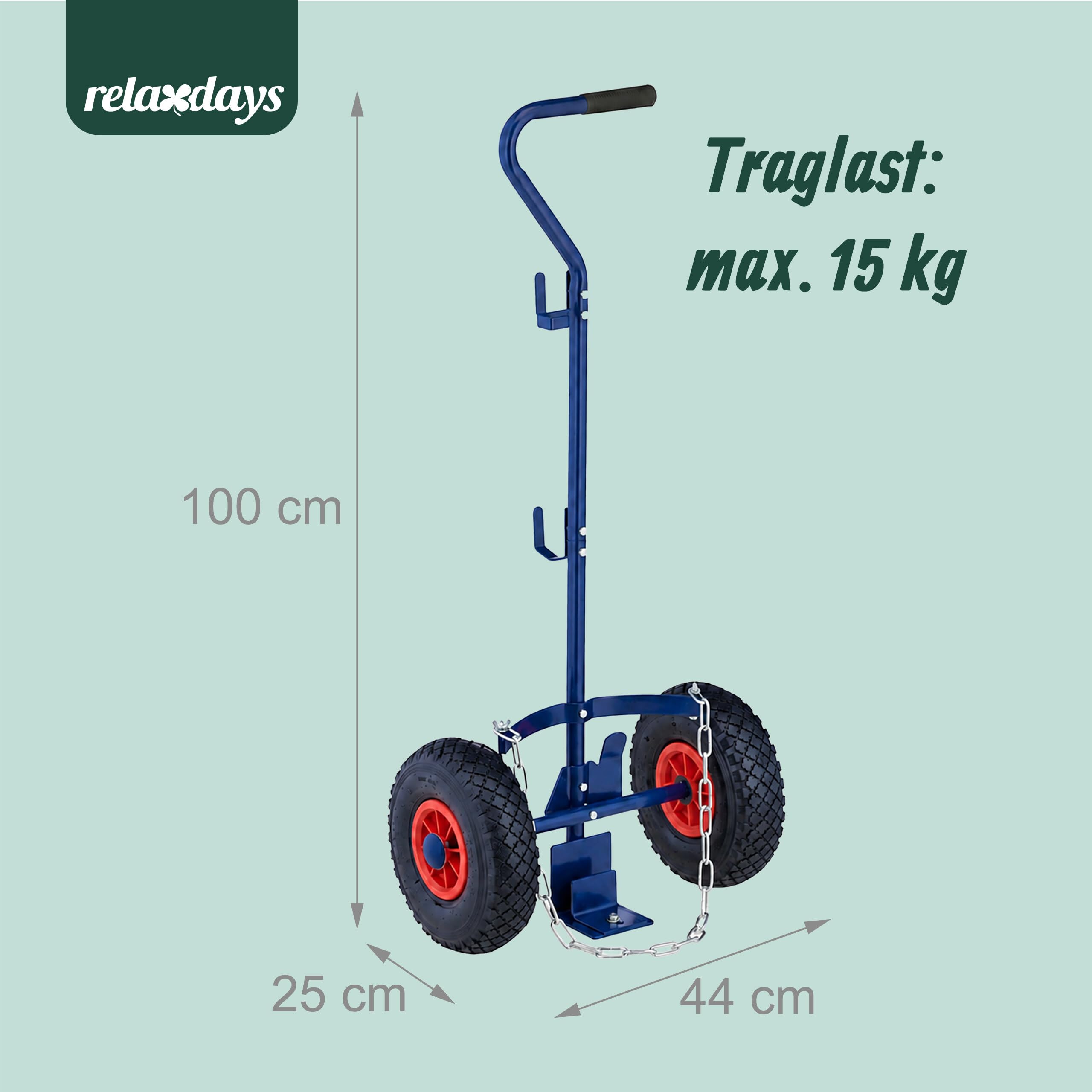 Relaxdays Transportwagen für Gasflaschen, für 3 & 5 kg Flaschen, Luftreifen, Stahl, Gasflaschenwagen, blau/rot