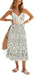 CUPSHE Womens Boho Midi Dresses Summer Spaghetti Strap Crochet Lace V Neck Drawstring Waist Beach Vacation Casual Sundress