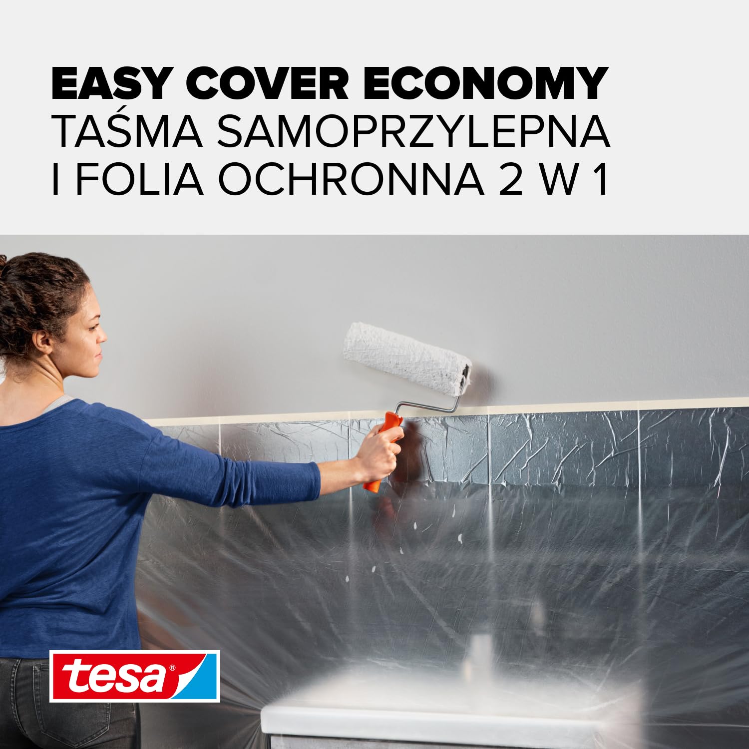 tesa Easy Cover UNIVERSAL folia malarska 2w1 - ochronna folia malarska oraz taśma maskująca zabezpieczająca krawędzie - 17m x 2,60m