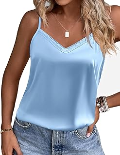 Women's Lace Silk Satin Pajama Tank Tops V Neck Camisole Soft Spaghetti Strap Tops Loose Sleepwear S-3XL
