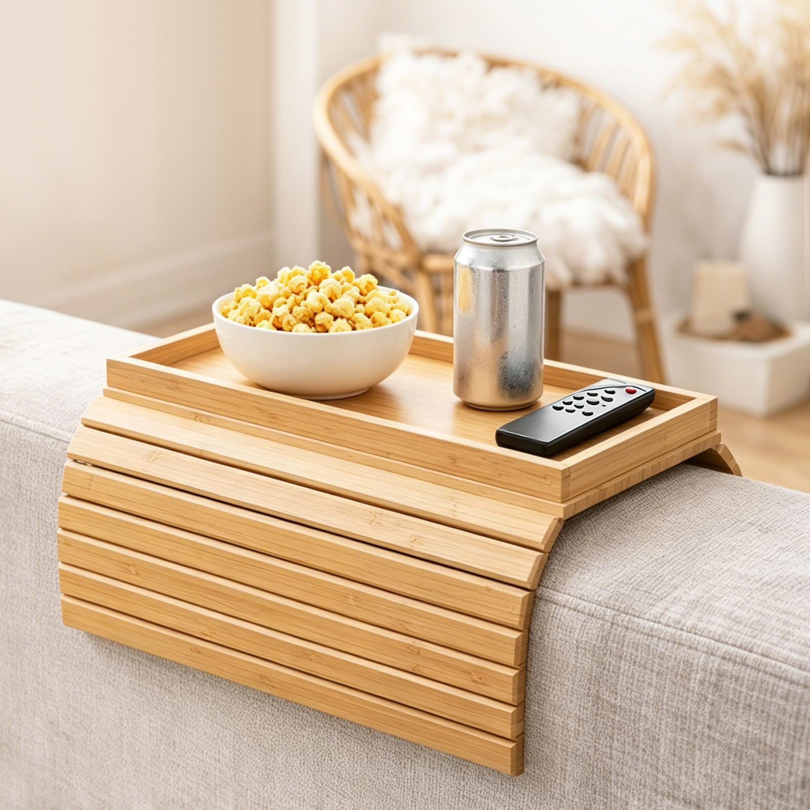 Sofalehne Ablage, Natural Sofatablett Armlehne, Sofa Tablett, Faltbares Rutschfester Couch Tablett Armlehne, für Sofa, Beistelltisch, Sessel, Tablett für Snacks, Telefon, Getränke, Tasse