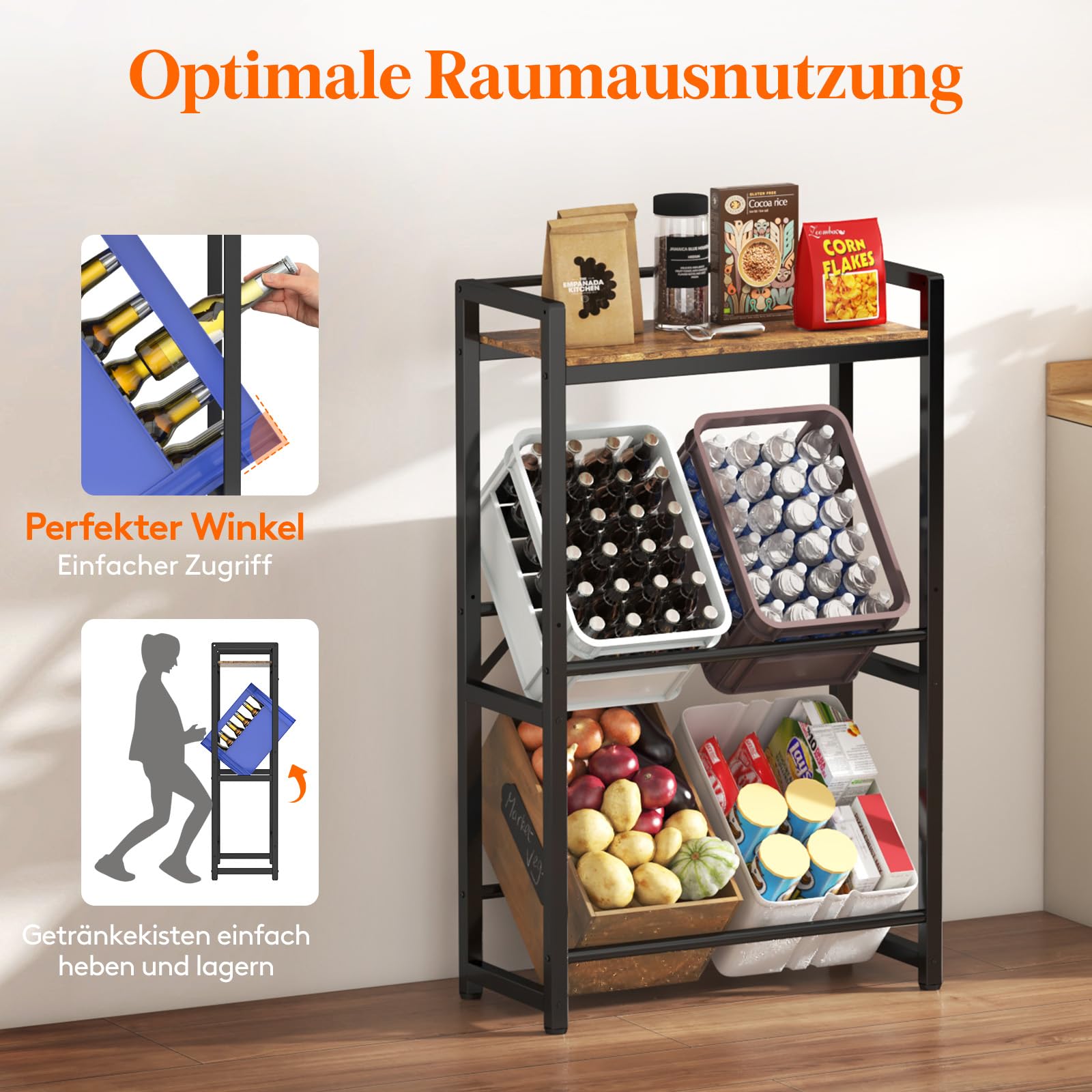 Lifewit Getränkekistenregal 4 kisten mit Ablage aus Metall, Vintage Braun | Stabil Kistenregal trag. 240 kg, Getränkeregal, Bierkisten Regal, Wasserkasten Regal für Bier Getränke Wasser Gemüse Obst bar