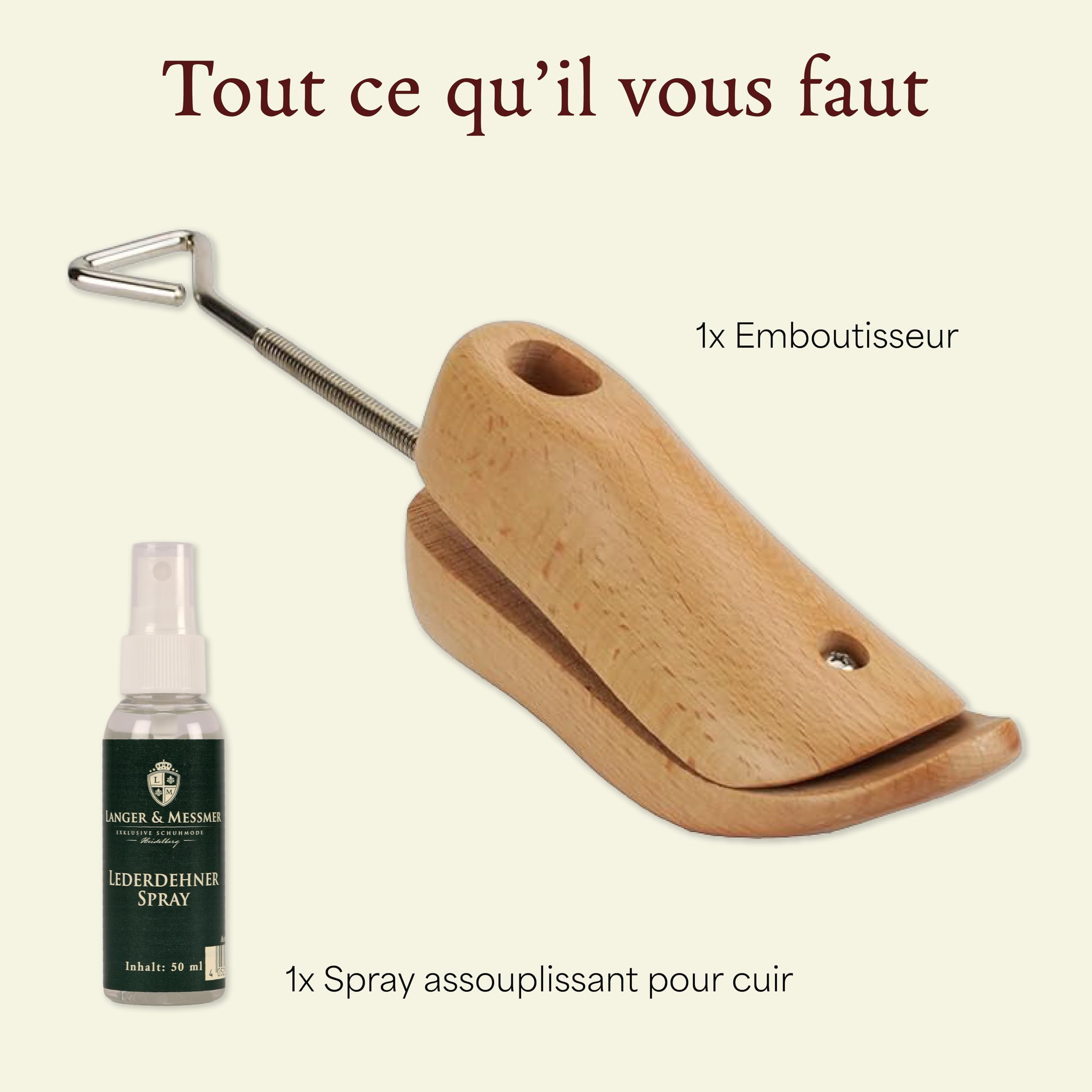Langer & Messmer élargisseur de chaussures et de bottes pour le cou-de-pied pour hommes contre les chaussures qui serrent fabriqué en bois de hêtre massif y compris spray d'élargissement du cuir 50ml