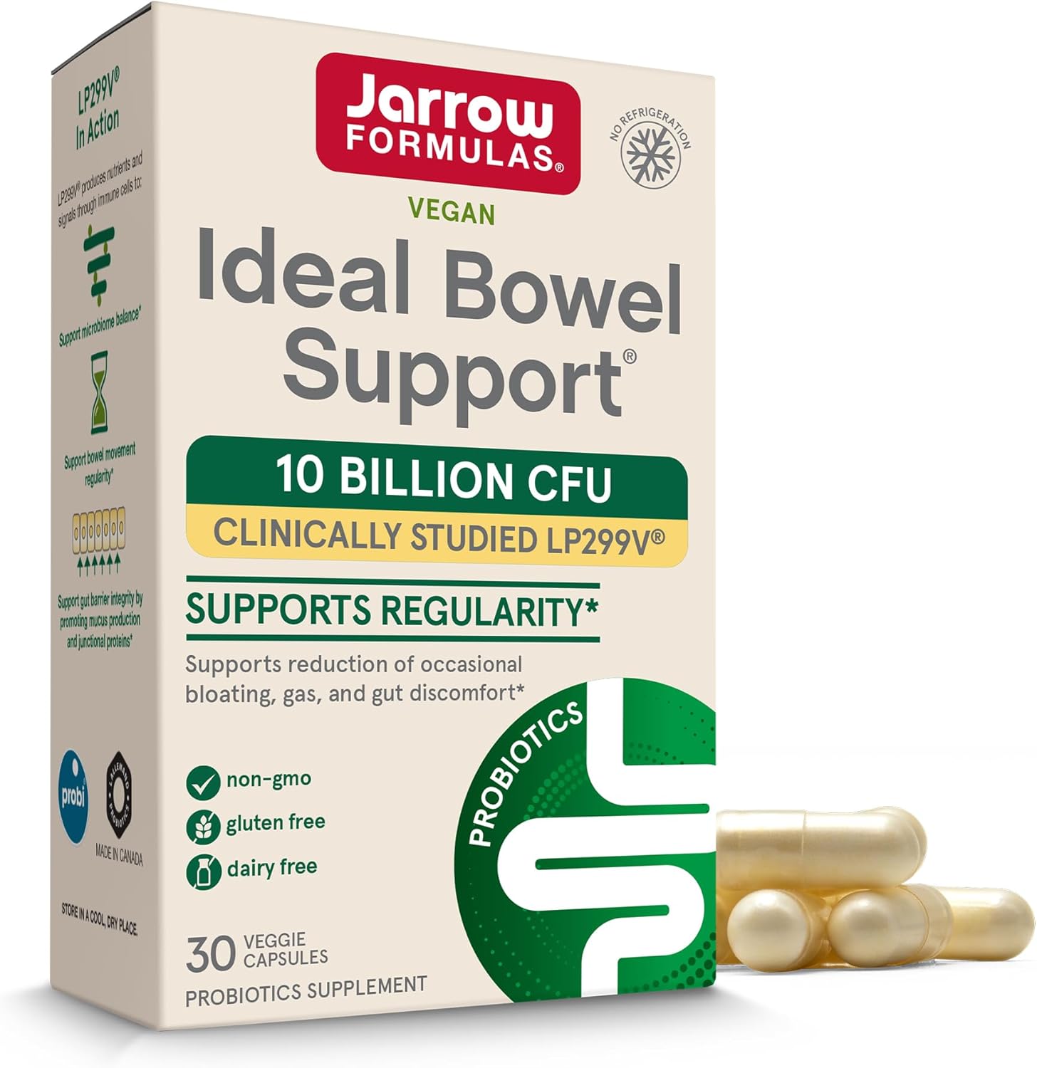 Jarrow Formulas Ideal Bowel Support - 10 Billion CFU Per Serving - Bowel Support - Reduces Bloating, Gas & Intestinal Discomfort - Up to 30 Servings (Veggie Caps)