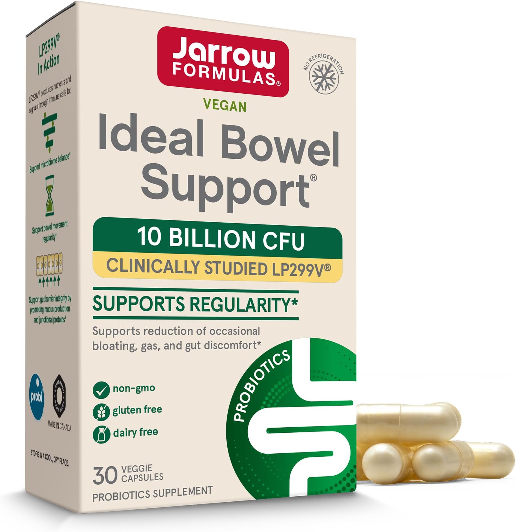 Jarrow Formulas Ideal Bowel Support - 10 Billion CFU Per Serving - Bowel Support - Reduces Bloating, Gas & Intestinal Discomfort - Up to 30 Servings (Veggie Caps)